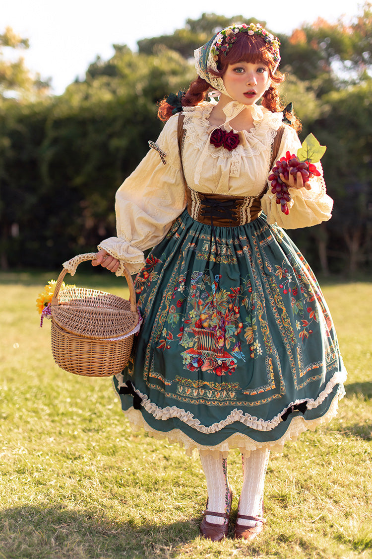Green [Ode to Plenty] Berries and Birds Print Ruffle Bowknot Velvet Classic Lolita Breast Support Jsk Dress - Product - 7