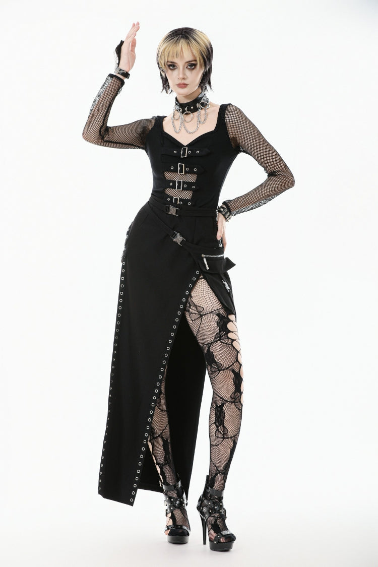 Black Mesh Spliced Long Sleeves Buckled Strap Eyelet Women's Punk Top - Product - 9
