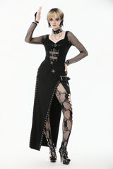 Black Mesh Spliced Long Sleeves Buckled Strap Eyelet Women's Punk Top - Product - 9