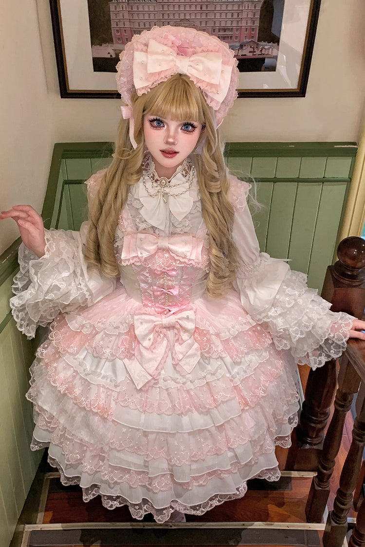 Pink/White [Love Overture] Multi-Layered Ruffle Bowknot Lace Sweet Lolita Jsk Dress - Product - 5