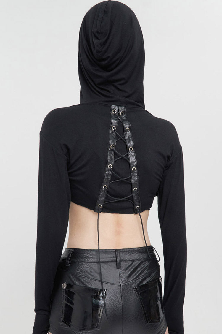 Black Punk Long Sleeve Knitted Chest Mesh Perspective Back Drawstring Adjustment Hoodie Women's Shirt - Product - 3