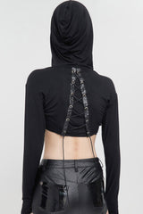 Black Punk Long Sleeve Knitted Chest Mesh Perspective Back Drawstring Adjustment Hoodie Women's Shirt - Product - 3