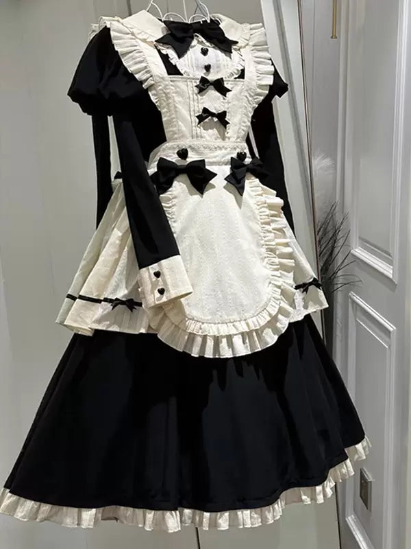 Black Gothic Lolita Long Sleeve Ruffle Bow Dress Set 商品画像