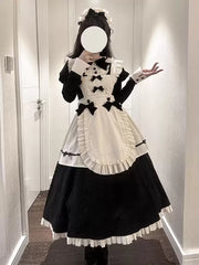 Black Gothic Lolita Long Sleeve Ruffle Bow Dress Set front view