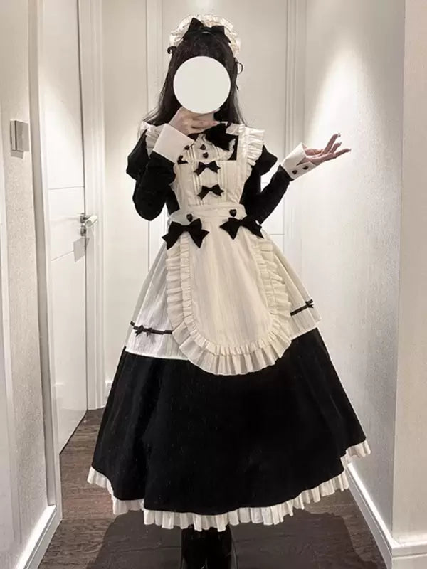 Black Gothic Lolita Long Sleeve Ruffle Bow Dress Set 商品画像