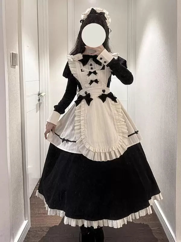 Black Gothic Lolita Long Sleeve Ruffle Bow Dress Set 商品画像