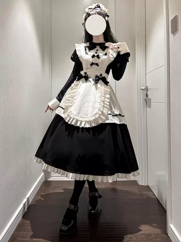 Black Gothic Lolita Long Sleeve Ruffle Bow Dress Set 商品画像