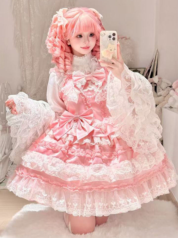 Pink multi-layer ruffle bow Sweet Hime Lolita JSK dress front view