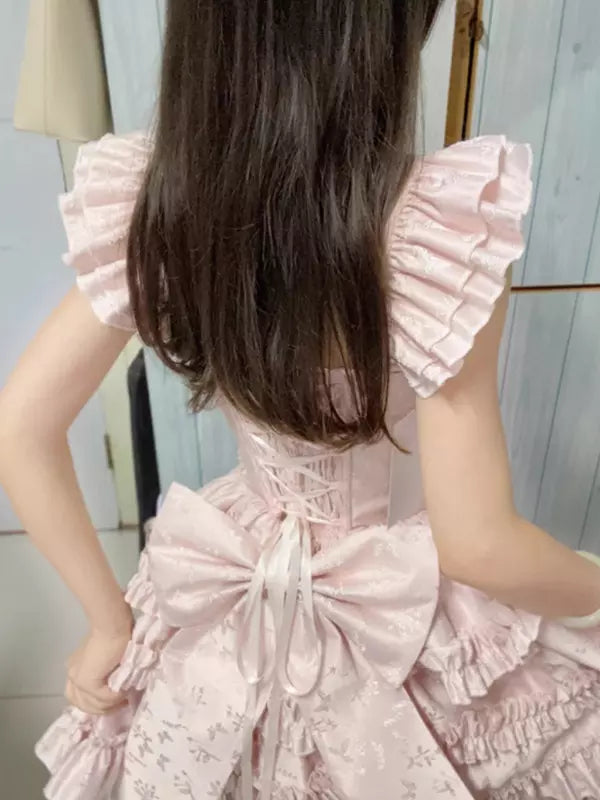 Pink Hime Sweet Lolita Sleeveless Ruffle Jacquard Jumper Dress detail view 8