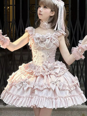 Pink Hime Sweet Lolita Sleeveless Ruffle Jacquard Jumper Dress front view