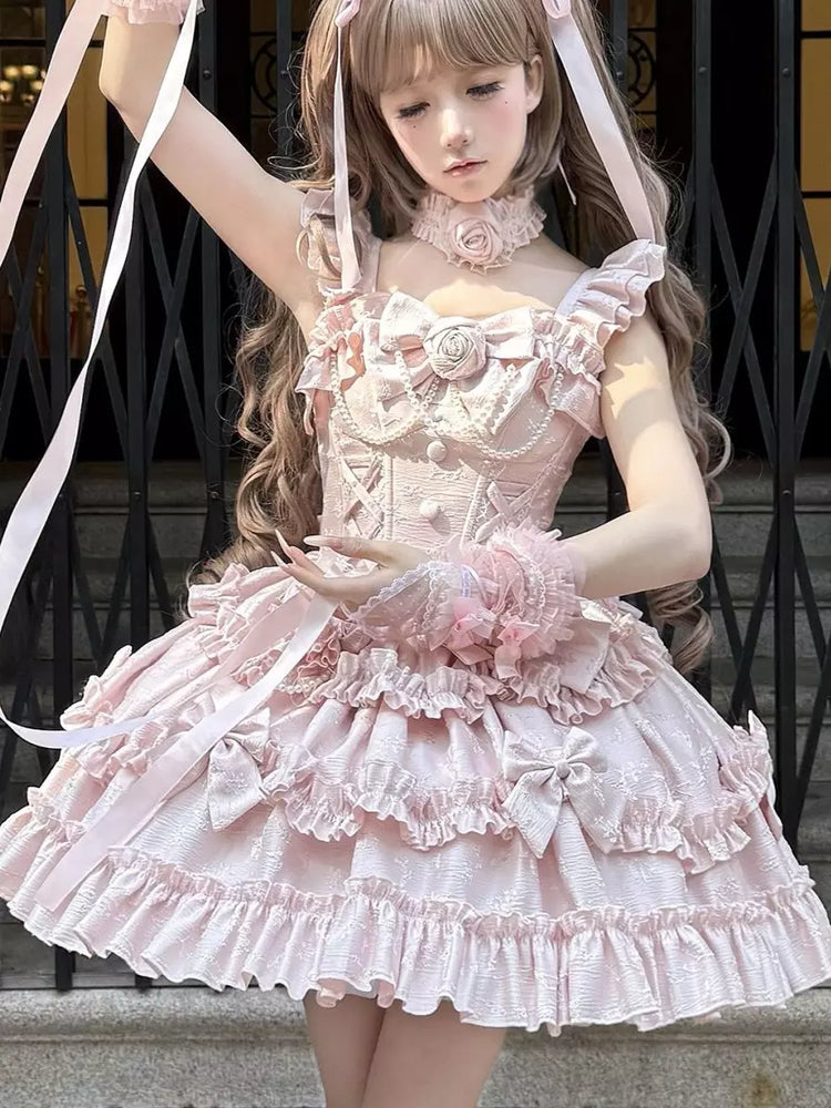 Pink Hime Sweet Lolita Sleeveless Ruffle Jacquard Jumper Dress detail view 2