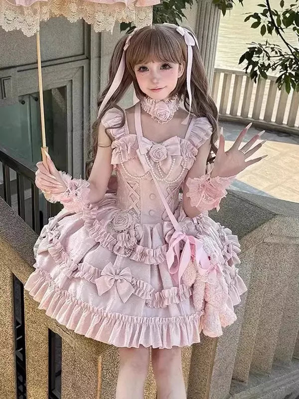 Pink Hime Sweet Lolita Sleeveless Ruffle Jacquard Jumper Dress detail view 3