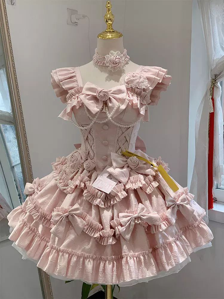 Pink Hime Sweet Lolita Sleeveless Ruffle Jacquard Jumper Dress detail view 4