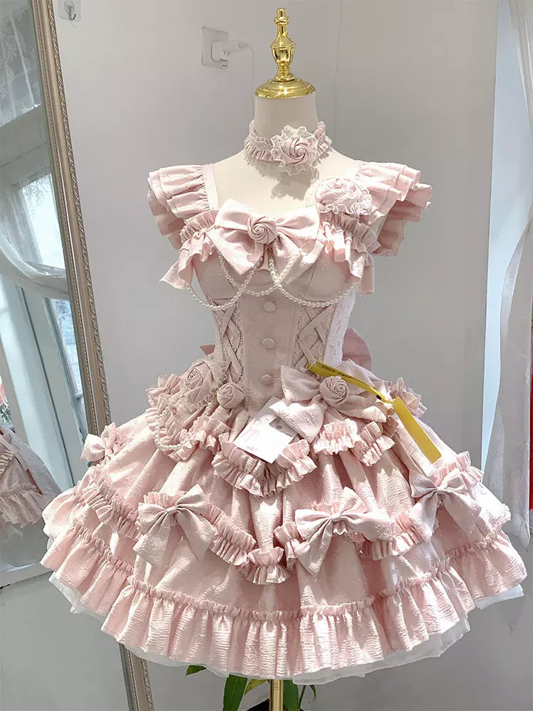 Pink Hime Sweet Lolita Sleeveless Ruffle Jacquard Jumper Dress detail view 5