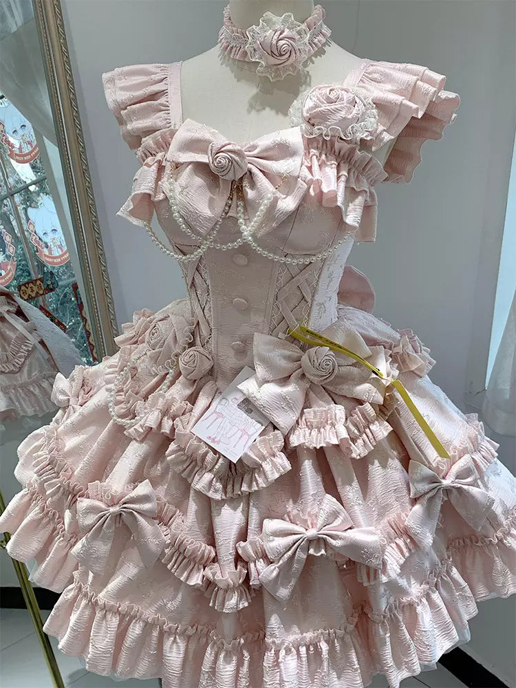 Pink Hime Sweet Lolita Sleeveless Ruffle Jacquard Jumper Dress detail view 6