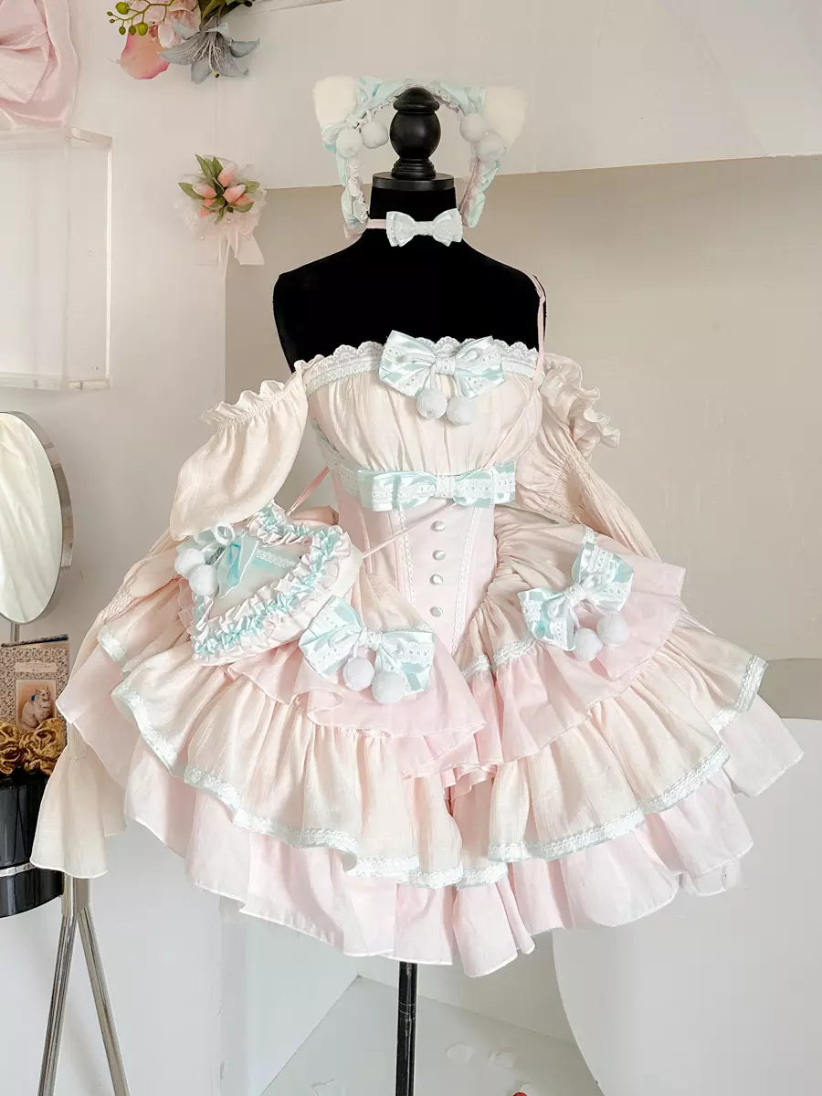 Pink Two-Tone Detachable Sleeve Ballet Sweet Lolita Dress front view