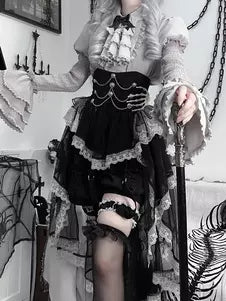 Black Ruffle Long-Sleeve Gothic Lolita Top Skirt & Pants Set detail view 5