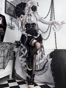 Black Ruffle Long-Sleeve Gothic Lolita Top Skirt & Pants Set detail view 4