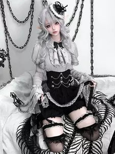Black Ruffle Long-Sleeve Gothic Lolita Top Skirt & Pants Set detail view 3