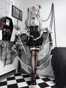 Black Ruffle Long-Sleeve Gothic Lolita Top Skirt & Pants Set detail view 2