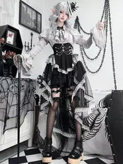 Black Ruffle Long-Sleeve Gothic Lolita Top Skirt & Pants Set front view