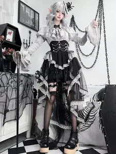 Black Ruffle Long-Sleeve Gothic Lolita Top Skirt & Pants Set front view