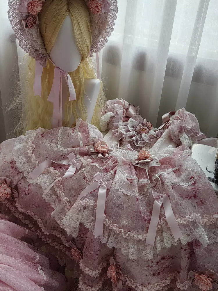 Pink Floral Bow Ruffle Short-Sleeve Fairy Lolita Dress detail view 5