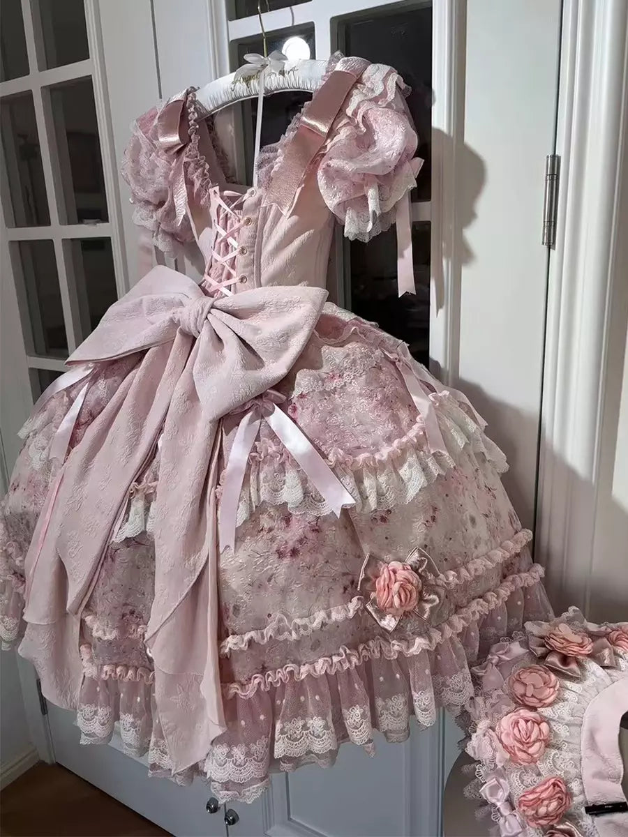 Pink Floral Bow Ruffle Short-Sleeve Fairy Lolita Dress detail view 4