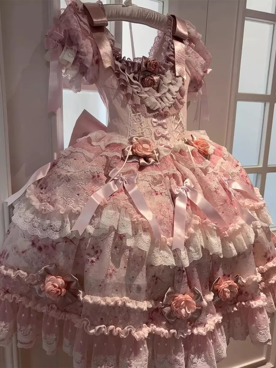 Pink Floral Bow Ruffle Short-Sleeve Fairy Lolita Dress detail view 3