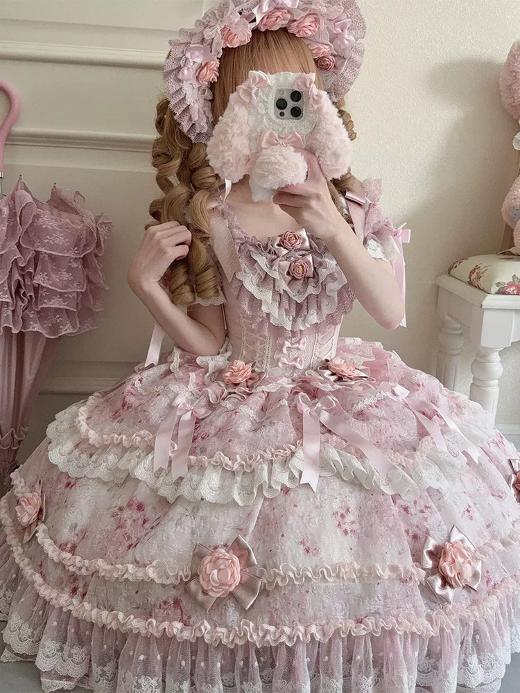 Pink Floral Bow Ruffle Short-Sleeve Fairy Lolita Dress detail view 2