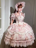 Pink Floral Bow Ruffle Short-Sleeve Fairy Lolita Dress front view
