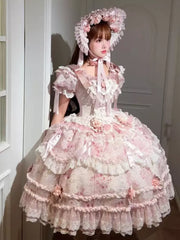 Pink Floral Bow Ruffle Short-Sleeve Fairy Lolita Dress front view