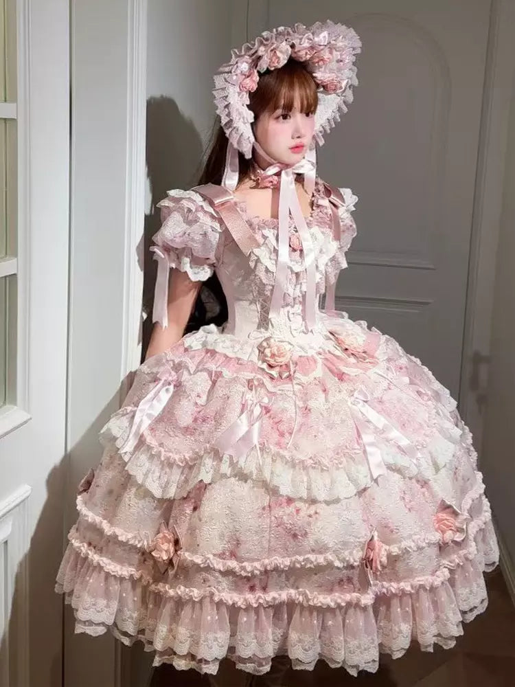 Pink Floral Bow Ruffle Short-Sleeve Fairy Lolita Dress front view