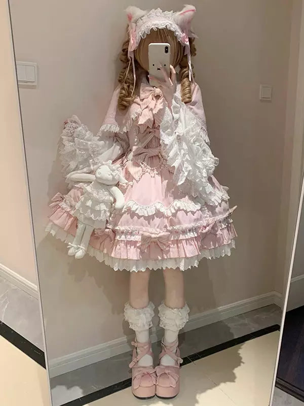 Pink Ruffle Bow Sweet Lolita JSK Dress & Detachable Cape Set detail view 7