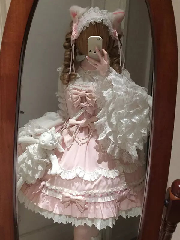 Pink Ruffle Bow Sweet Lolita JSK Dress & Detachable Cape Set detail view 6