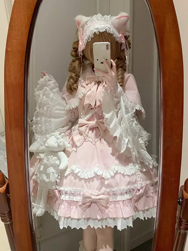 Pink Ruffle Bow Sweet Lolita JSK Dress & Detachable Cape Set detail view 5