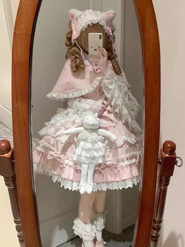 Pink Ruffle Bow Sweet Lolita JSK Dress & Detachable Cape Set detail view 4