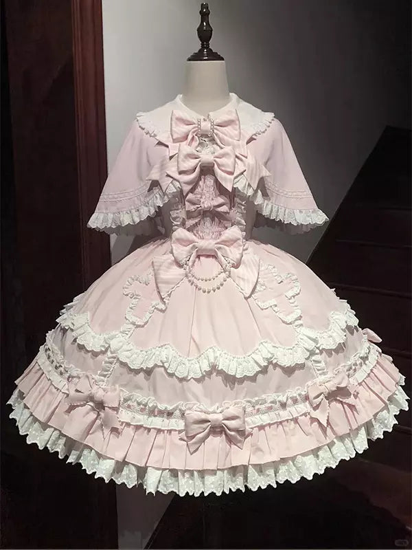 Pink Ruffle Bow Sweet Lolita JSK Dress & Detachable Cape Set front view