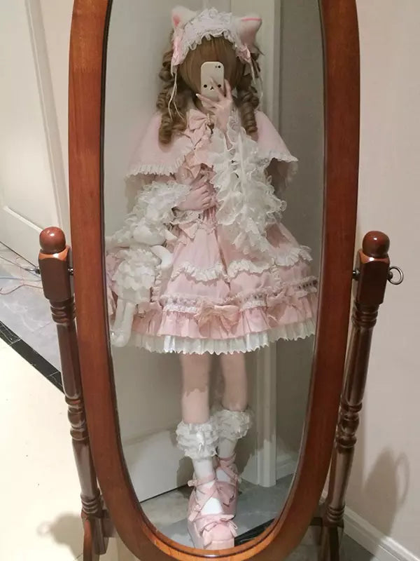 Pink Ruffle Bow Sweet Lolita JSK Dress & Detachable Cape Set detail view 3