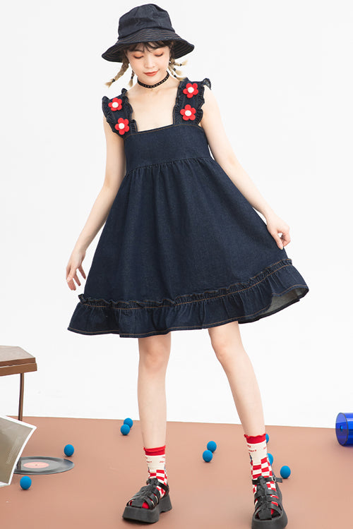 Black Denim Ruffled Strap With Flower Accessories High Waisted Sweet Lolita Strap Dress - Product - 2
