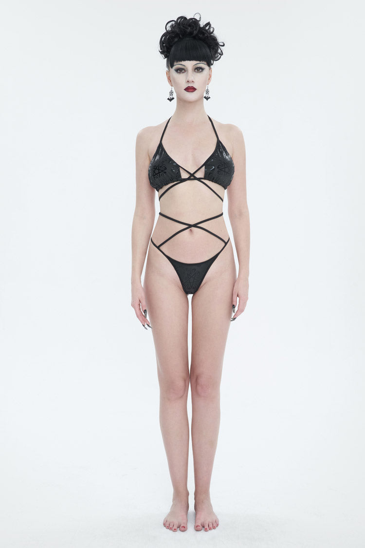 Black Pentagram Effect Print Sexy Strap Women's Gothic Swimsuit Set - Product - 2