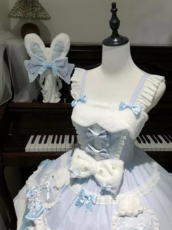 Blue & Pink Bow Hooded Cape Sweet Lolita Dress Set detail view 3