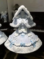Blue & Pink Bow Hooded Cape Sweet Lolita Dress Set front view
