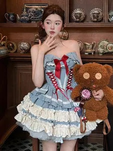 Blue Bow Ruffle Ballet Lolita Top Skirt & Overcoat Set detail view 4