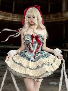 Blue Bow Ruffle Ballet Lolita Top Skirt & Overcoat Set front view