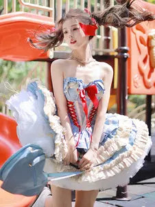 Blue Bow Ruffle Ballet Lolita Top Skirt & Overcoat Set detail view 5