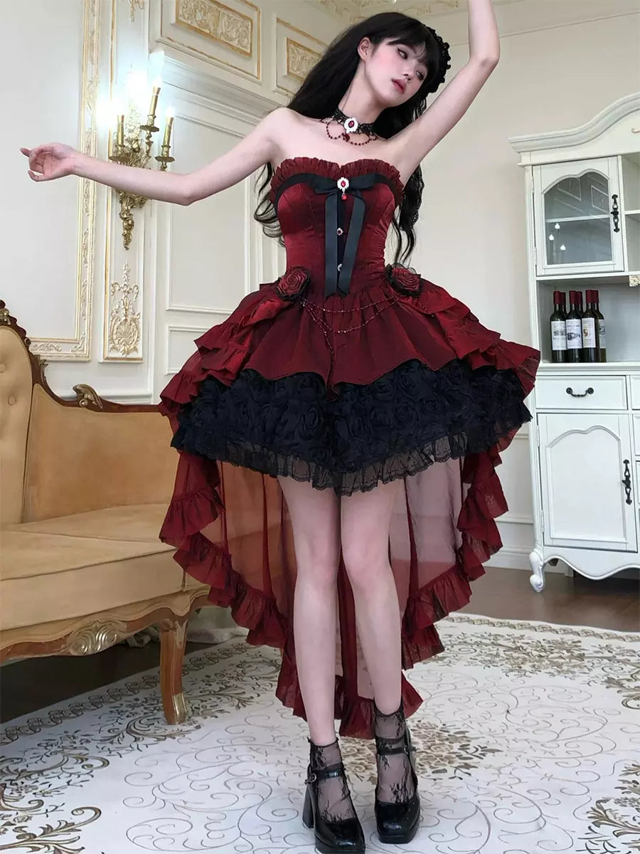 Strapless Sweetheart Gothic Lolita High-Low Ruffle Dress - 2 Colors front view