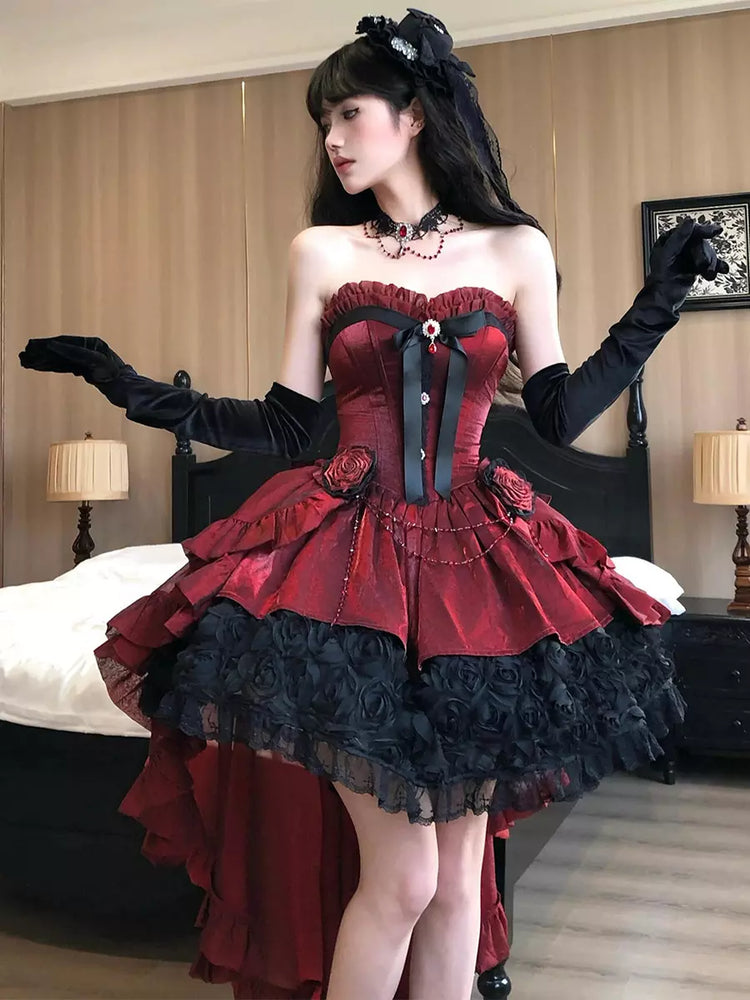 Strapless Sweetheart Gothic Lolita High-Low Ruffle Dress - 2 Colors detail view 2