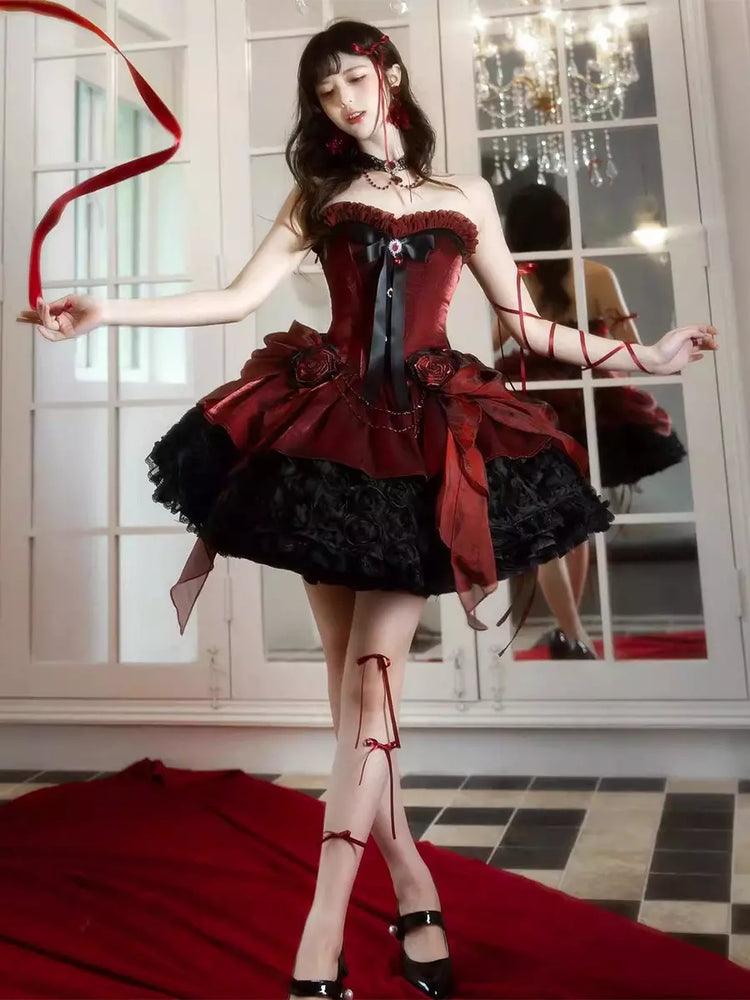 Strapless Sweetheart Gothic Lolita High-Low Ruffle Dress - 2 Colors detail view 3