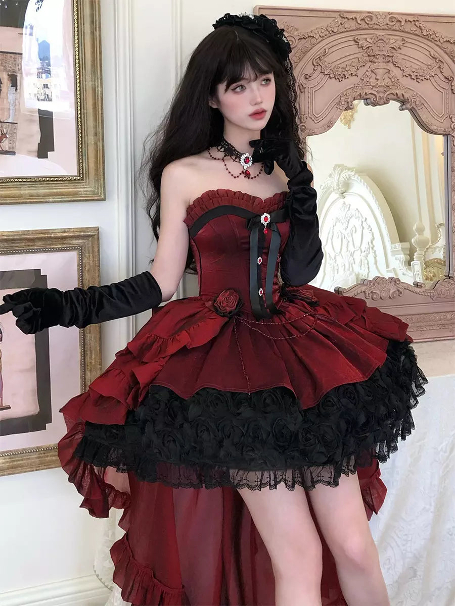 Strapless Sweetheart Gothic Lolita High-Low Ruffle Dress - 2 Colors detail view 4